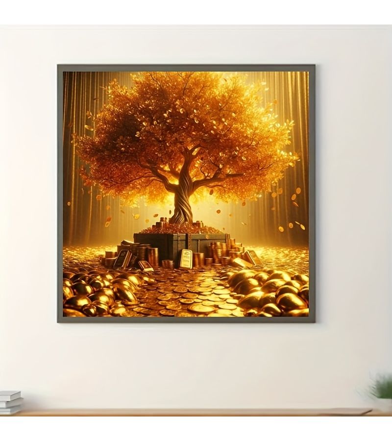 1 قطعة 40x40 سم 15.75x15.75 بوصة مجموعة لوحة الماس الدائرية نقش شجرة المال الذهبية تصميم فريد هدية يدوية مناسبة لتزيين الجدران والطاولات المنزلية - Image 1