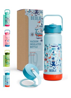 BEOLA 550ml Kids Water Bottle 18/8 Stainless Steel Double Wall Insulated Thermos Bottle with Straw Lid and Wide Mouth, Hot Cold Liquids Sports School Bottle (19oz, Sea Vibes)  - Image 1