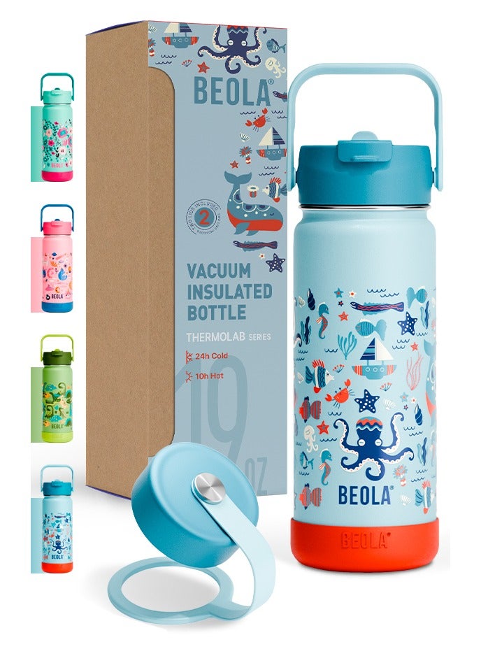 BEOLA 550ml Kids Water Bottle 18/8 Stainless Steel Double Wall Insulated Thermos Bottle with Straw Lid and Wide Mouth, Hot Cold Liquids Sports School Bottle (19oz, Sea Vibes)  - Image 1