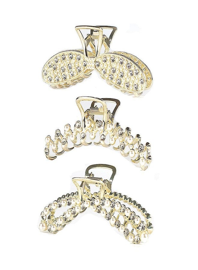 Sinide Pearl Rhinestone Hair Clips, Sinide 3 Pack Large Crystal Gold Metal Hair Catch Barrette Jaw Clamp Non-Slip French Hair Claws Strong Hold Hair Accessories for Women, Lady, Girls - Image 1