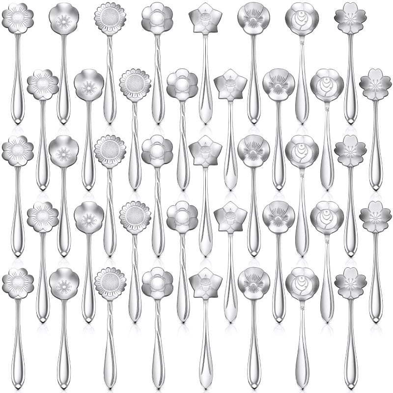 Eboot 40 Pcs Silver Flower Teaspoon Stainless Steel Tea Party Spoons Mini Cute Teaspoon for Stirring Coffee Sugar Drink Demitasse Kitchen Caf Bar Tableware Party Favors Decorations