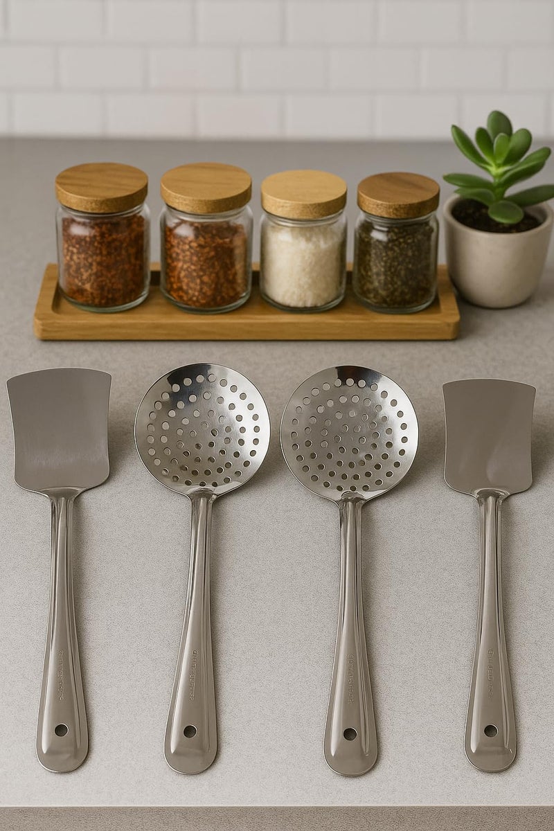 ZEVORA Kitchen Tools Stainless Steel Heavy Gauge Non-Stick 4 Piece Set of Skimmer (Jhara) and Slotted Turner/Spatula (Palta) for Cooking/Frying/Stirring/Basting 03 - Image 1