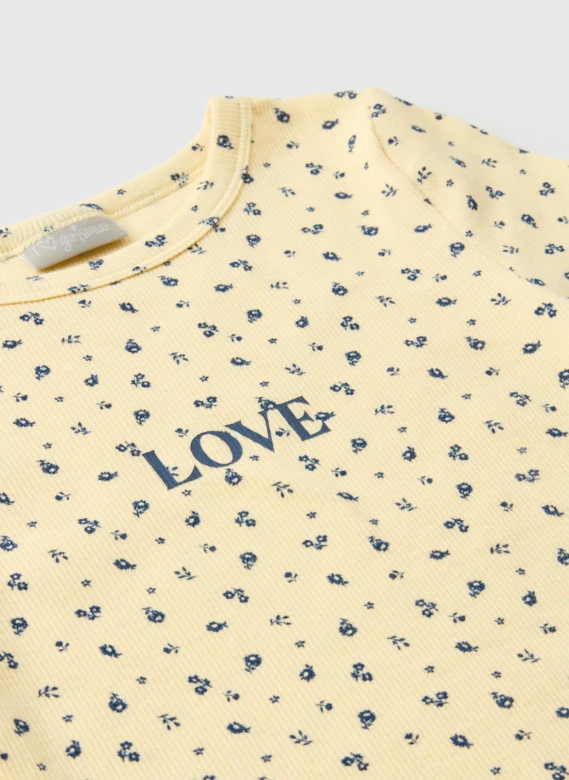 ماتلان Girls Cream Ditsy Love Ribbed T-Shirt Dress