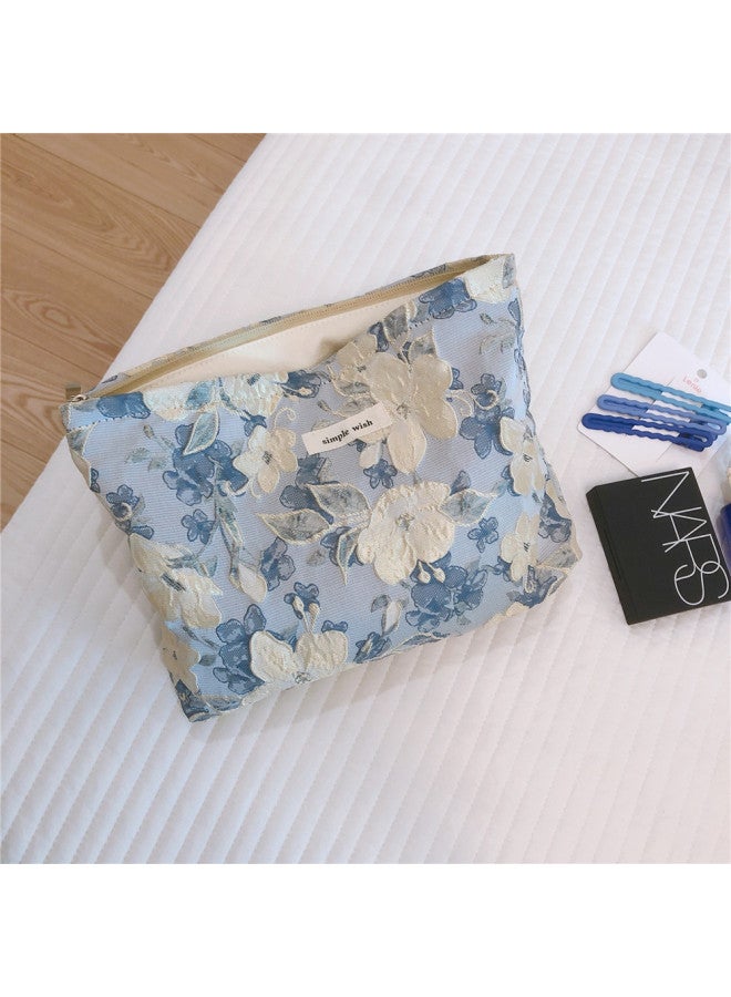 Elegant Artistic Large Flower Carved Cosmetic Bag Women's Portable Handbag Storage Pouch For Women's Beauty Products-Color:Blue Beige - Image 1