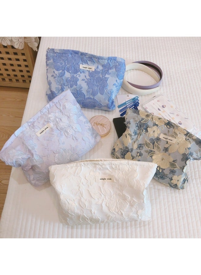 Elegant Artistic Large Flower Carved Cosmetic Bag Women's Portable Handbag Storage Pouch For Women's Beauty Products-Color:Blue Beige - Image 4