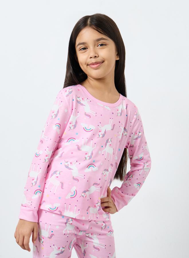 Styli Light Pink Unicorn Printed Long Sleeve Top and Pyjama Set - Image 2