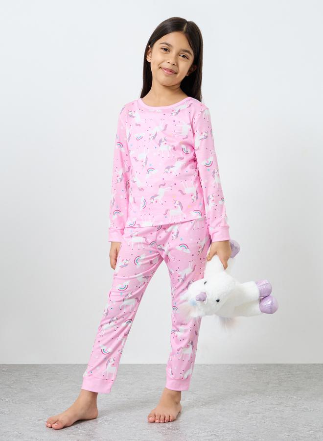 Styli Light Pink Unicorn Printed Long Sleeve Top and Pyjama Set - Image 1