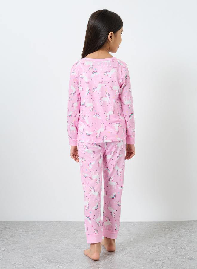 Styli Light Pink Unicorn Printed Long Sleeve Top and Pyjama Set - Image 5