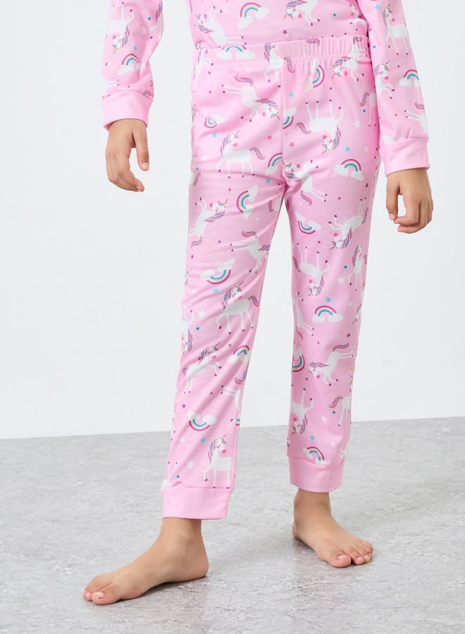 Styli Light Pink Unicorn Printed Long Sleeve Top and Pyjama Set - Image 4