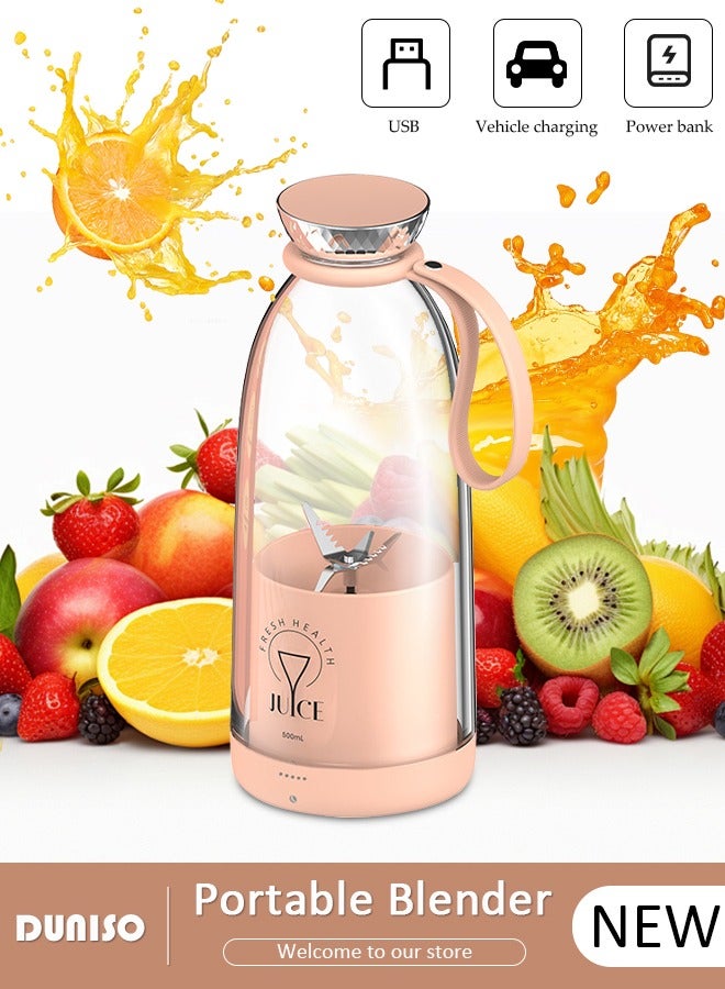 DUNISO 500ml Portable Mini Blender for Fresh Juice Smoothies Shakes with USB Rechargeable Electric Juicer Cup with Six Blades For Travel Outdoor Sprort Home Office Pink - Image 1