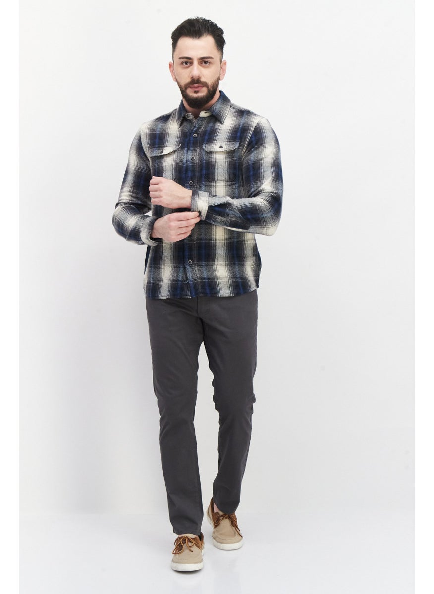 Tailor Vintage Men Regular Fit Pointed Collar Long Sleeve Plaid Casual Shirt, Navy Combo  - Image 3