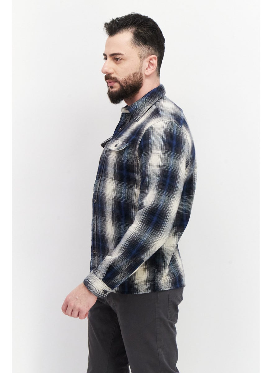 Tailor Vintage Men Regular Fit Pointed Collar Long Sleeve Plaid Casual Shirt, Navy Combo  - Image 2