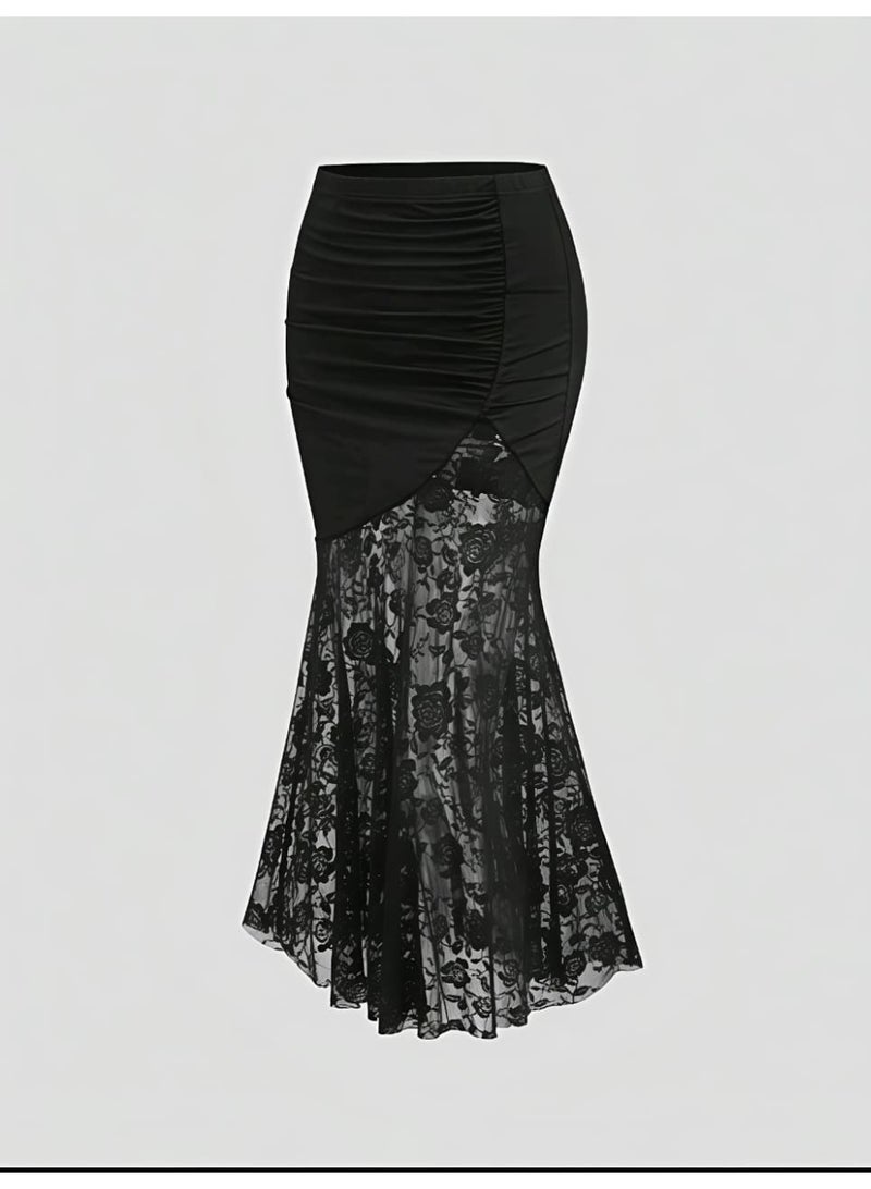 SHEIN modern High Waist Slimming Lace Patchwork Fishtail Bodycon Skirt, Spring/Summer Women - Image 1
