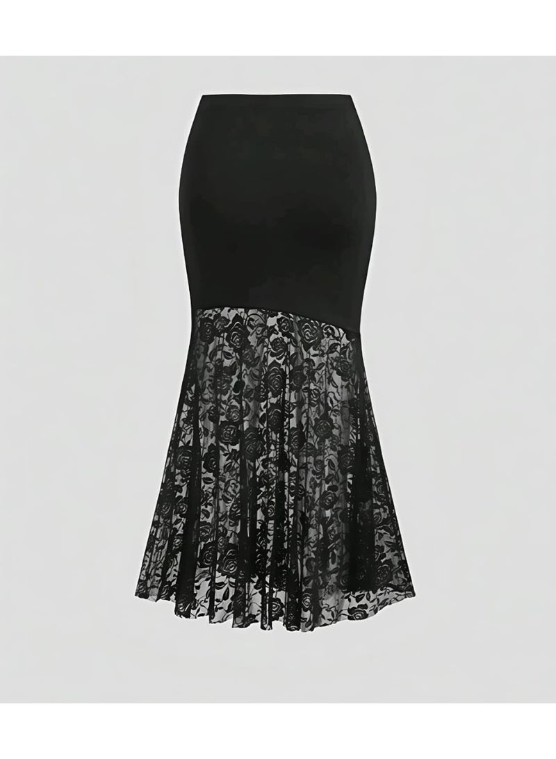 SHEIN modern High Waist Slimming Lace Patchwork Fishtail Bodycon Skirt, Spring/Summer Women - Image 3