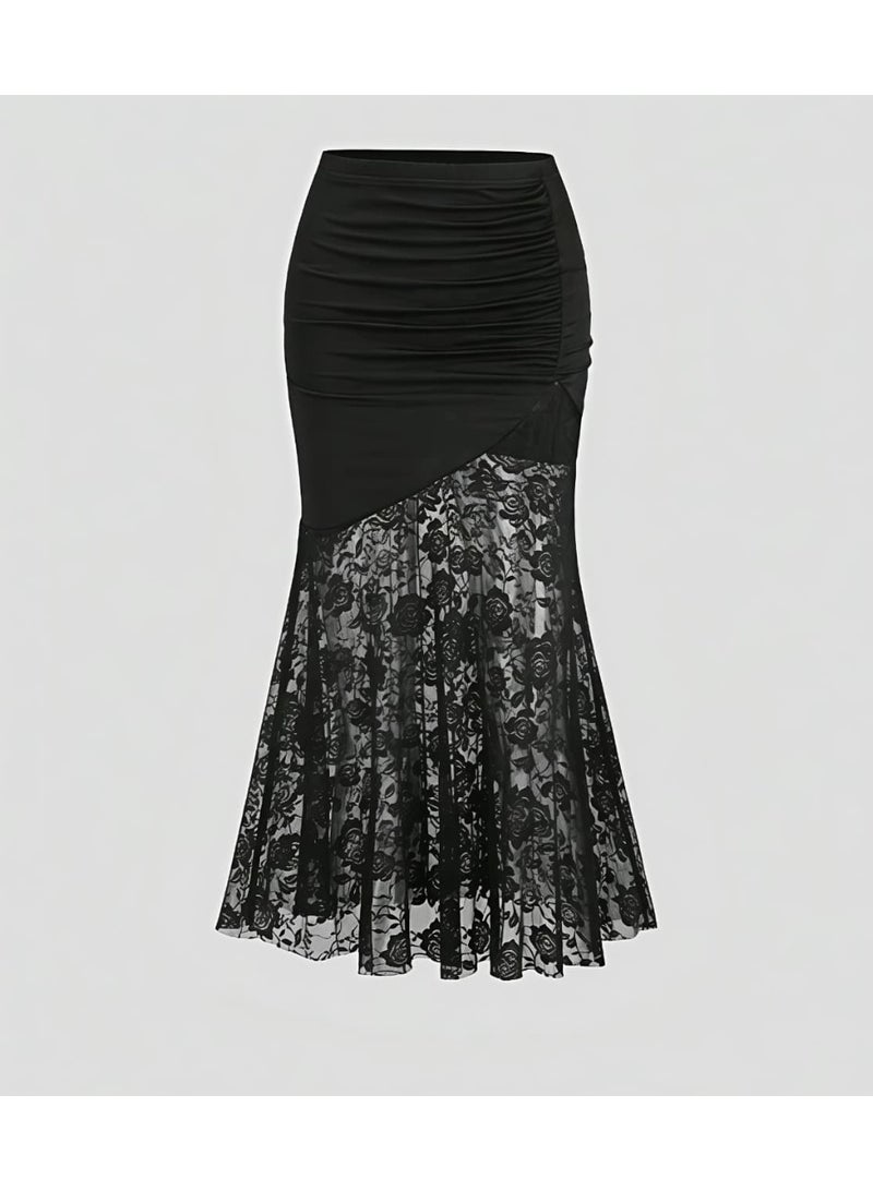SHEIN modern High Waist Slimming Lace Patchwork Fishtail Bodycon Skirt, Spring/Summer Women - Image 2