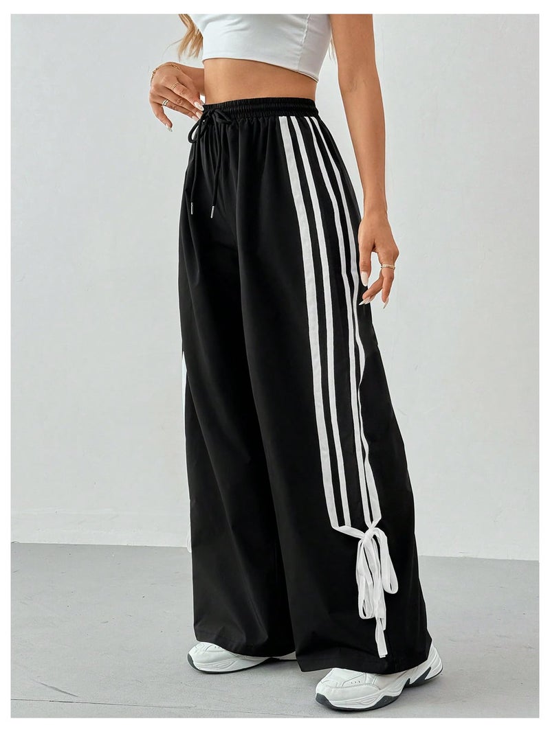BEAUDRM Girl's Bow Track Pants Striped Sweatpants Baggy Wide Leg Parachute Pants for Joggers Hip Hop Dance Black 12 Years - Image 4