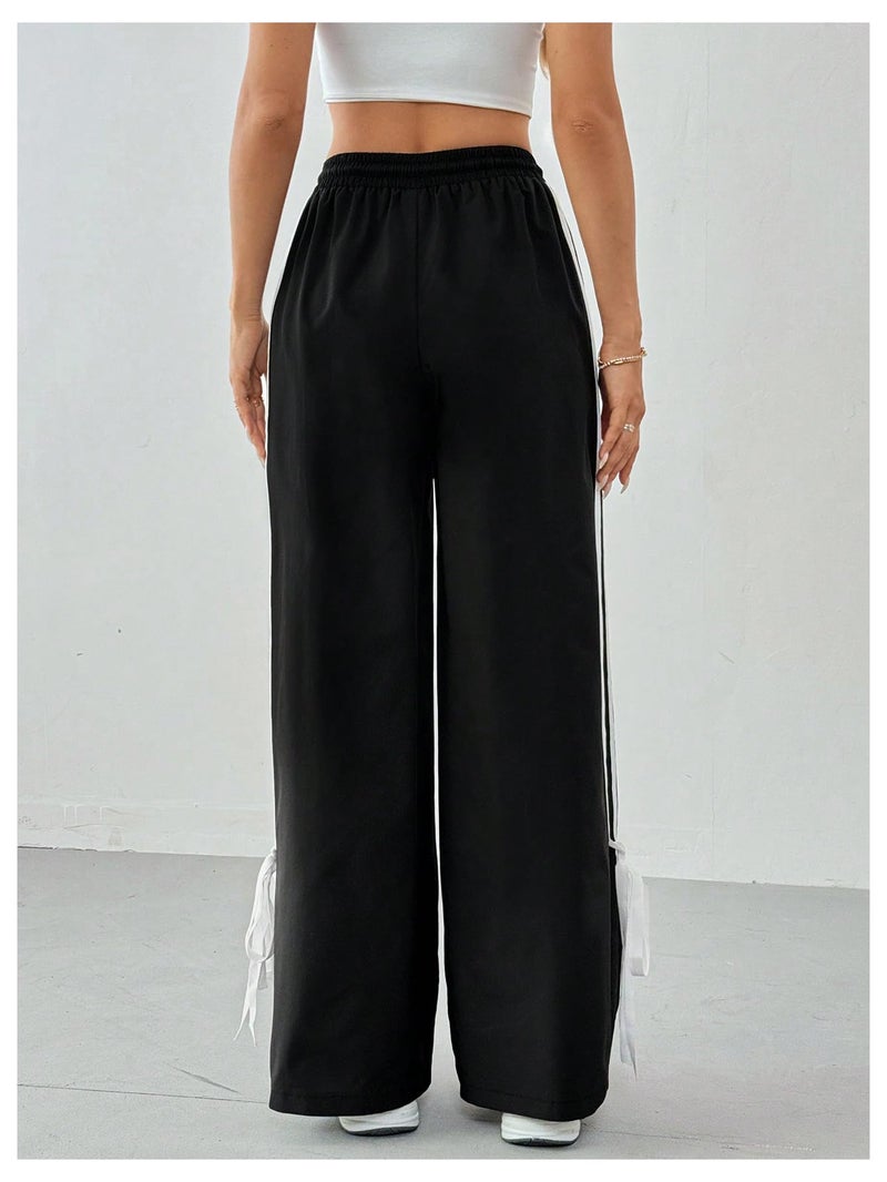 BEAUDRM Girl's Bow Track Pants Striped Sweatpants Baggy Wide Leg Parachute Pants for Joggers Hip Hop Dance Black 12 Years - Image 2