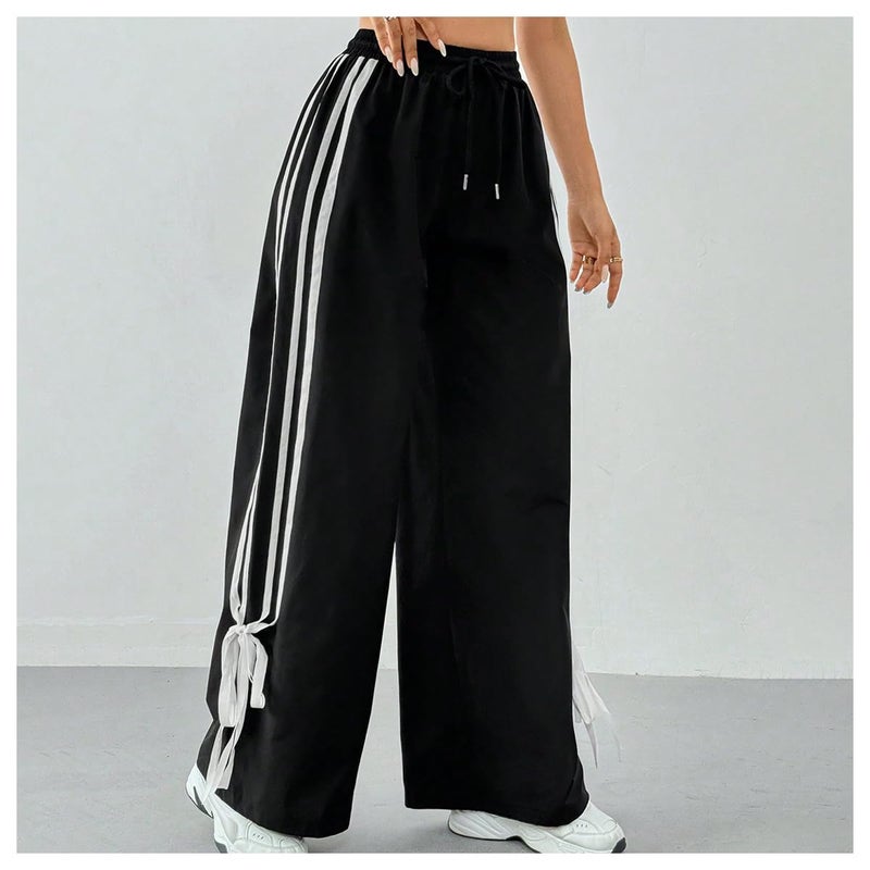BEAUDRM Girl's Bow Track Pants Striped Sweatpants Baggy Wide Leg Parachute Pants for Joggers Hip Hop Dance Black 12 Years - Image 3