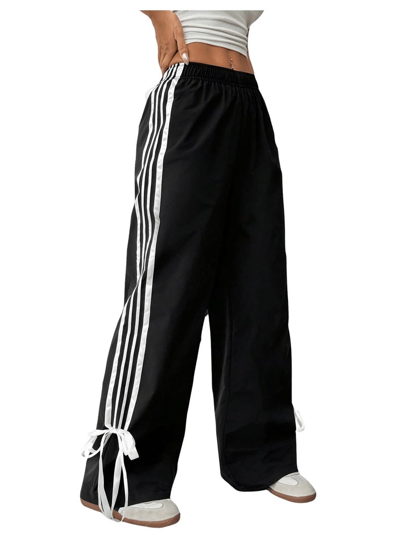 BEAUDRM Girl's Bow Track Pants Striped Sweatpants Baggy Wide Leg Parachute Pants for Joggers Hip Hop Dance Black 12 Years - Image 1