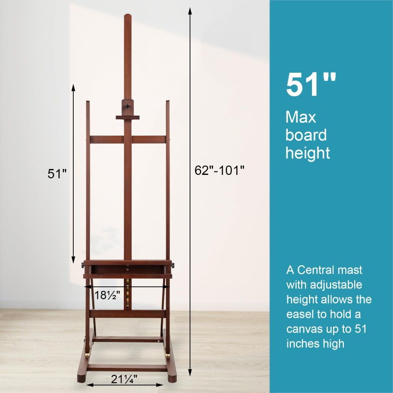 Somime H-Frame Studio Easel, Beechwood Artist Easel Storage Tray, Adjustable Floor Easel Stand Holding Canvas up to 51Inches for Painting, Brown - Image 2
