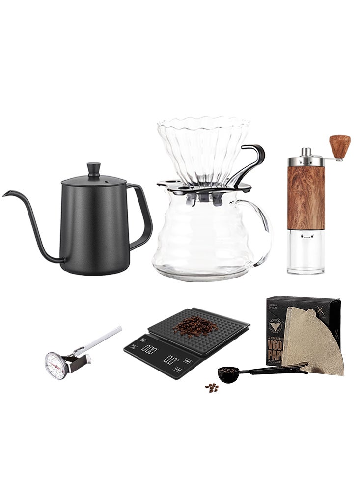 Perfii V60 8-Piece Portable Pour Over Coffee Maker Set with Manual Grinder and 600ml Kettle for Professional Hand Brewed Coffee  - Image 1