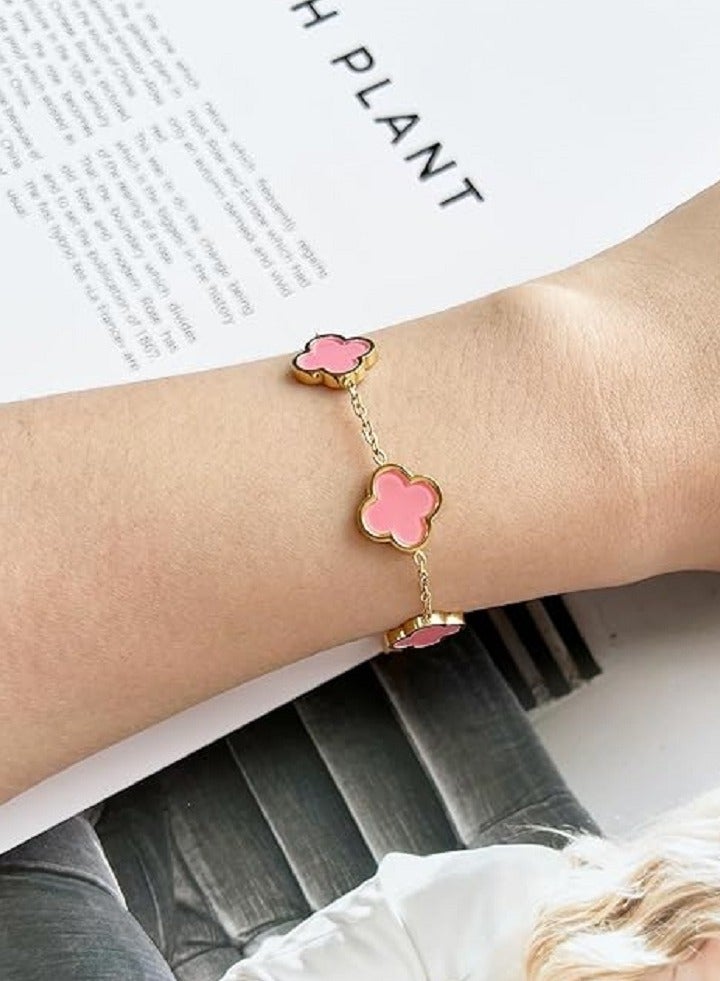 Floral Clover Charm Bracelet, 18K Gold-Plated, stainles steel  - Image 2