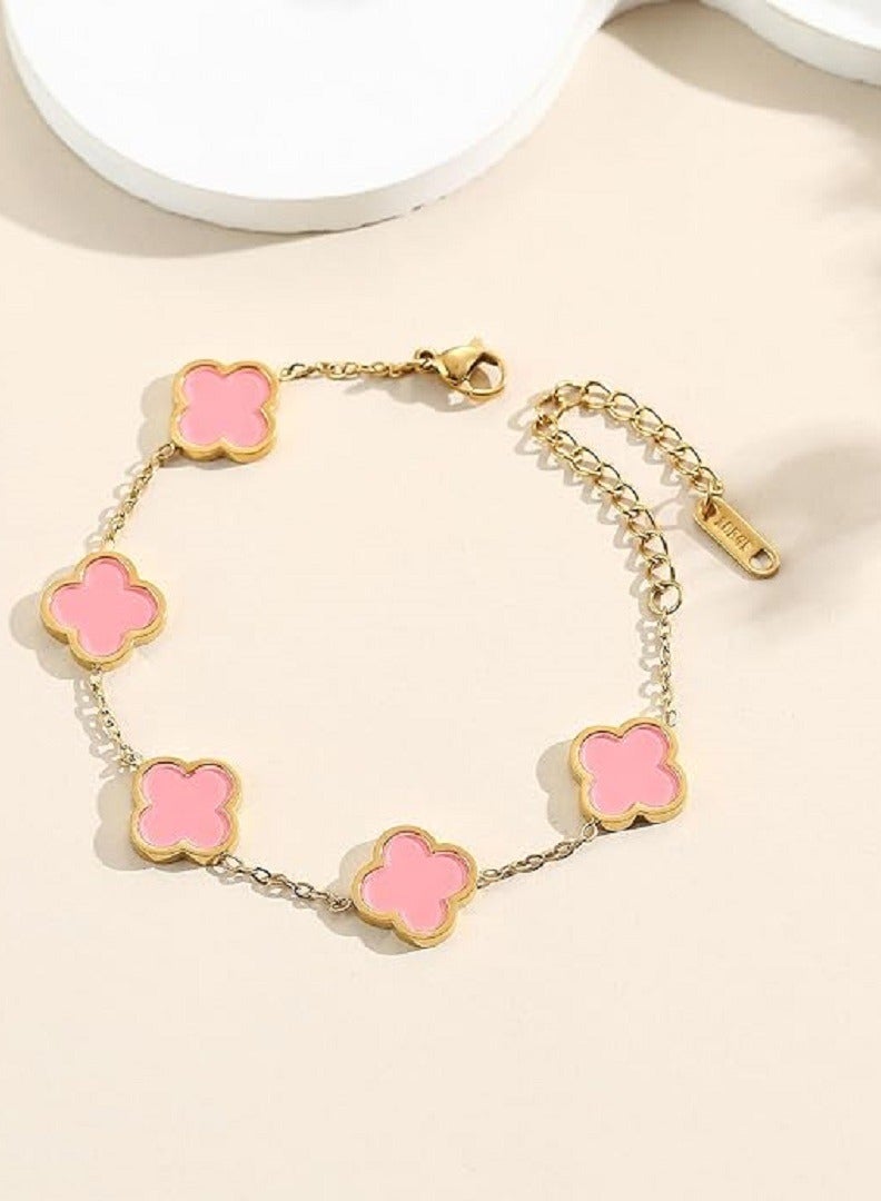 Floral Clover Charm Bracelet, 18K Gold-Plated, stainles steel  - Image 4
