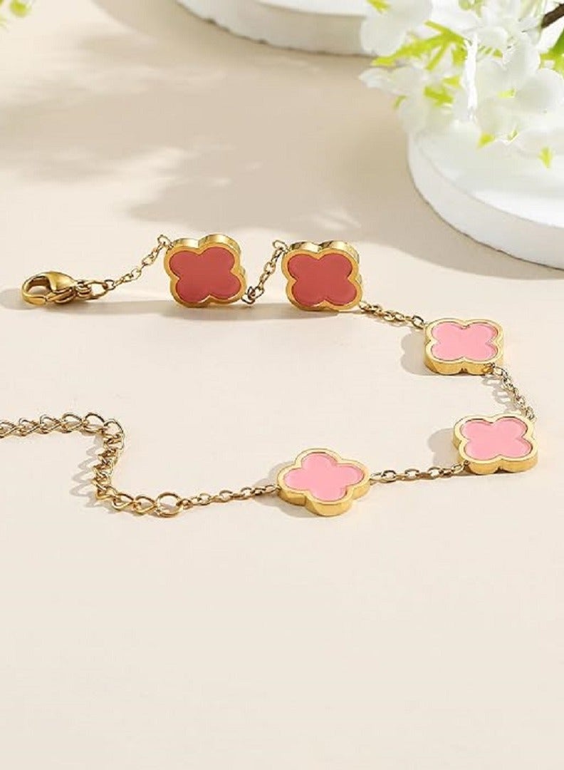 Floral Clover Charm Bracelet, 18K Gold-Plated, stainles steel  - Image 5