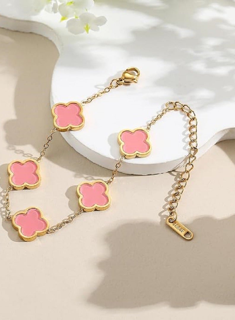 Floral Clover Charm Bracelet, 18K Gold-Plated, stainles steel  - Image 3