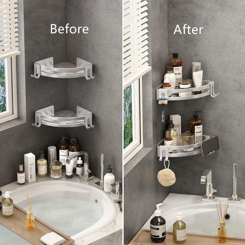 Voldra Shower Caddy with 4 Hooks, Adhesive Corner Shower Shelf with Razor Holder, Rustproof Shower Storage, Silver 2 Pack - Image 4