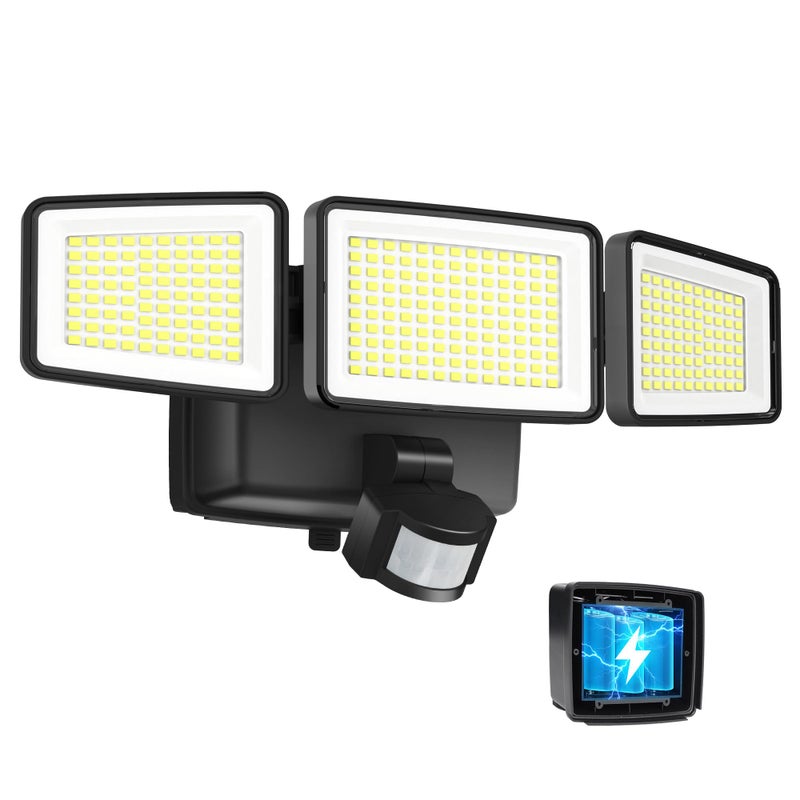 UME Battery Powered Motion Sensor Outdoor Lights 302 LED 1800LM, IP65 Waterproof Battery Operated Flood Lights Outdoor, 3 Heads Security Motion Light with 3 Modes for Garden Patio Yard - Image 1