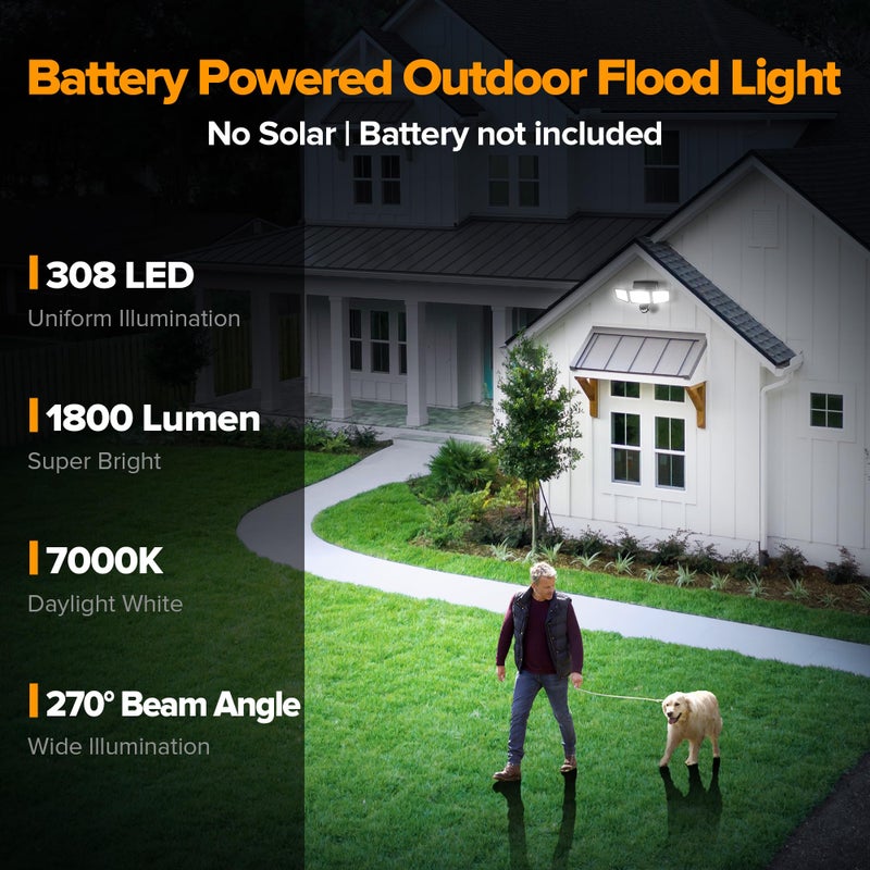 UME Battery Powered Motion Sensor Outdoor Lights 302 LED 1800LM, IP65 Waterproof Battery Operated Flood Lights Outdoor, 3 Heads Security Motion Light with 3 Modes for Garden Patio Yard - Image 2