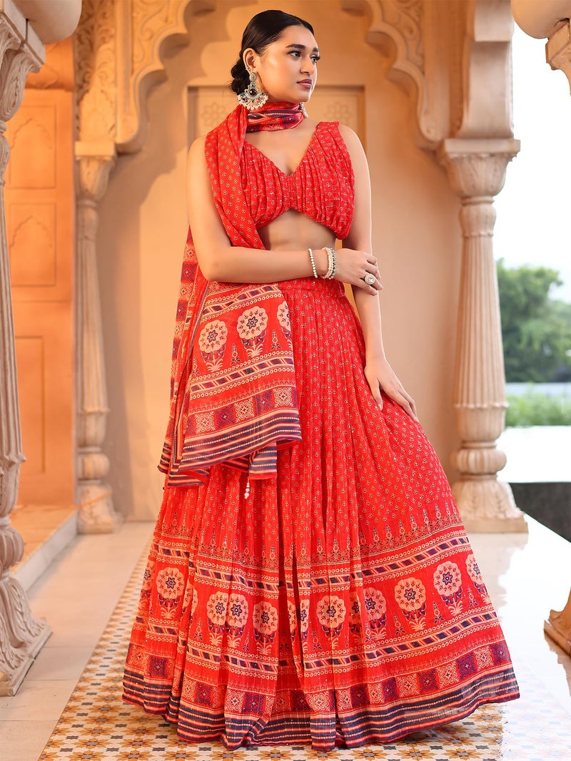 PURVAJA Women Chiffon Semi-Stitched Lehenga Choli Set (Anika-Red Free Size) - Image 4