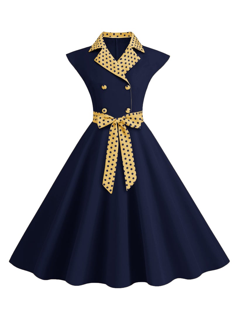 KUYING - New Standing Collar Polka Dot Splicing Double Breasted Large Swing Dress - Image 1
