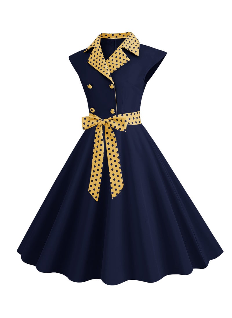 KUYING - New Standing Collar Polka Dot Splicing Double Breasted Large Swing Dress - Image 1