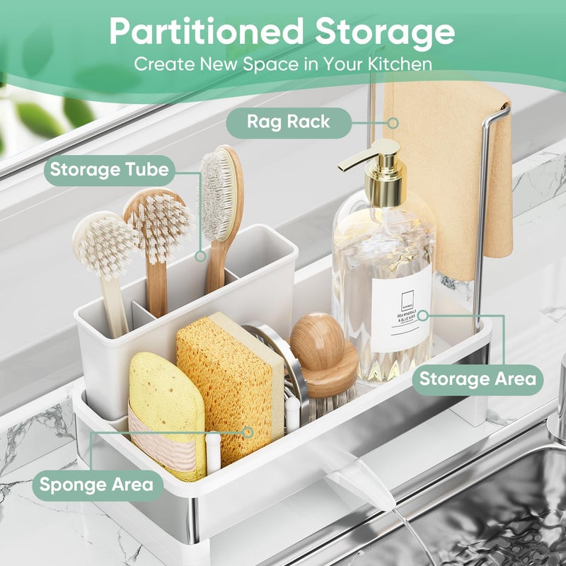 VUSIGN Sponge Holder for Kitchen Sink, Sink Caddy Organizer with Brush Holder, Rustproof Stainless, Self-Draining Sink Organizer for Countertop, Sponges, Brushes, Kitchen Decor and Accessories, White - Image 2