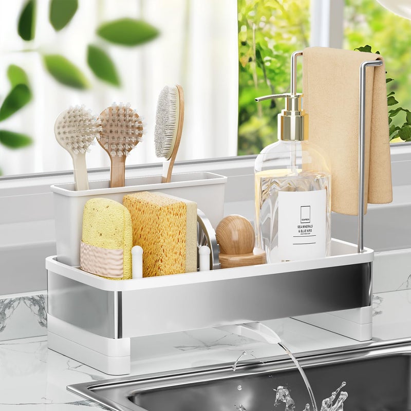 VUSIGN Sponge Holder for Kitchen Sink, Sink Caddy Organizer with Brush Holder, Rustproof Stainless, Self-Draining Sink Organizer for Countertop, Sponges, Brushes, Kitchen Decor and Accessories, White - Image 1