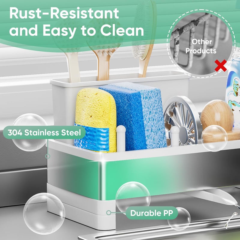 VUSIGN Sponge Holder for Kitchen Sink, Sink Caddy Organizer with Brush Holder, Rustproof Stainless, Self-Draining Sink Organizer for Countertop, Sponges, Brushes, Kitchen Decor and Accessories, White - Image 3