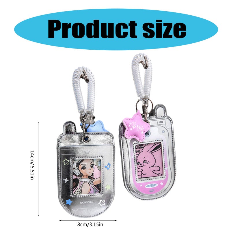 HUANGENG Flip Phone Shaped Photocard Holder, Cartoon Photo Card Protective Sleeve Waterproof Leather Card Case, Hold 2-3 Cards - Image 5
