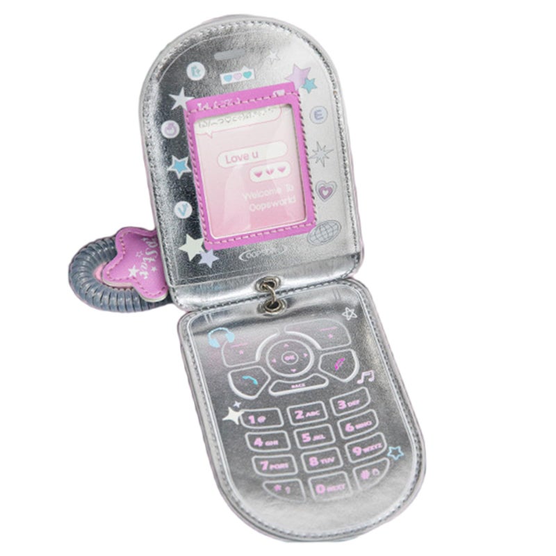 HUANGENG Flip Phone Shaped Photocard Holder, Cartoon Photo Card Protective Sleeve Waterproof Leather Card Case, Hold 2-3 Cards - Image 1