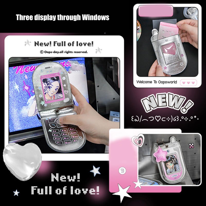 HUANGENG Flip Phone Shaped Photocard Holder, Cartoon Photo Card Protective Sleeve Waterproof Leather Card Case, Hold 2-3 Cards - Image 4