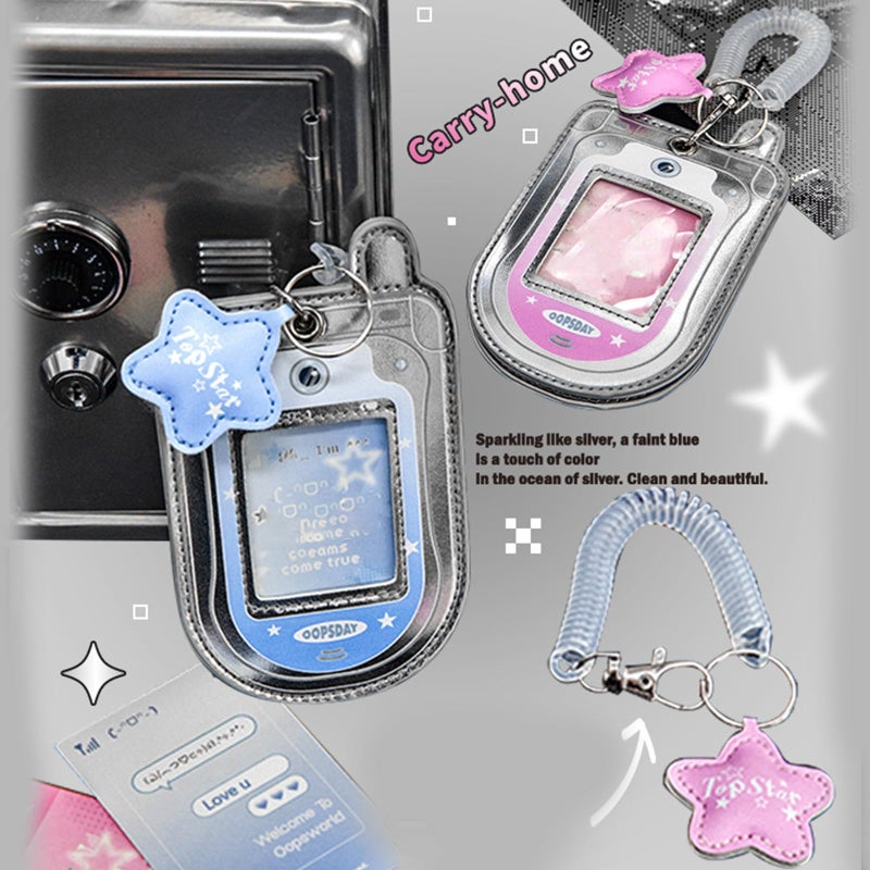 HUANGENG Flip Phone Shaped Photocard Holder, Cartoon Photo Card Protective Sleeve Waterproof Leather Card Case, Hold 2-3 Cards - Image 3