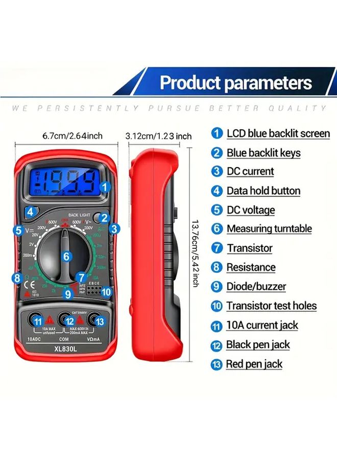 Red XL830L Digital Multimeter 10A DC Current 1999 Counting Car Repair Tool - Image 2