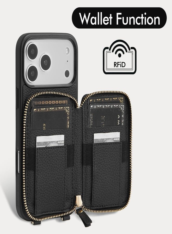 ZVE for iPhone 17 Pro Max Wallet Case Crossbody, Zipper Phone Cover with Wrist Strap RFID Blocking for 6.9" Black - Image 2