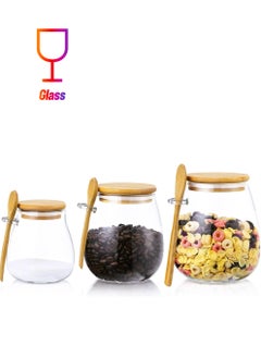 Airtight Glass Jars with Lids and Spoons, Oats Canisters Overnight Food Storage Set of 3 (350 ML- 600 ML-1000 ML)