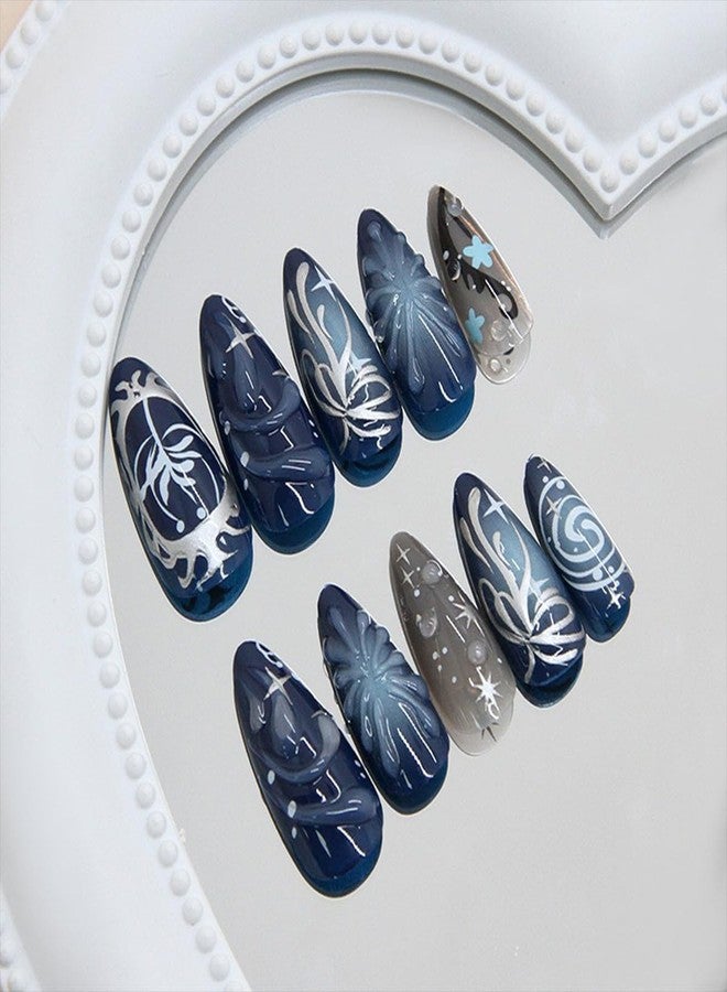 HJKDSFD Dark Blue Press on Nails Medium Almond Fake Nails Cute Glossy False Nails 3D Embossed Acrylic Nails with Starry Sky Flower Designs Full Cover Glue on Nail for Women Girls 24PCS - Image 3