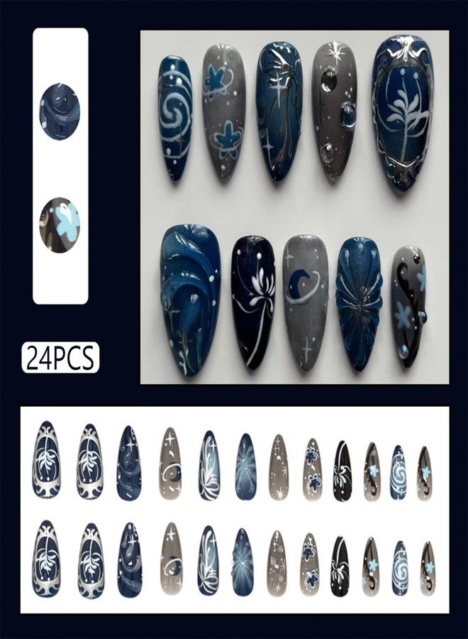 HJKDSFD Dark Blue Press on Nails Medium Almond Fake Nails Cute Glossy False Nails 3D Embossed Acrylic Nails with Starry Sky Flower Designs Full Cover Glue on Nail for Women Girls 24PCS - Image 2