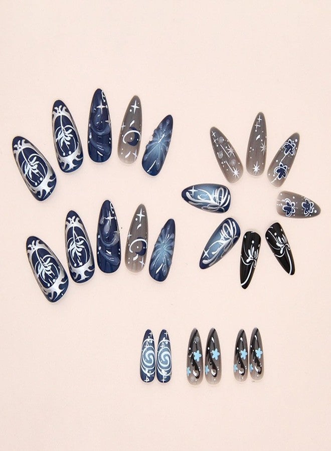HJKDSFD Dark Blue Press on Nails Medium Almond Fake Nails Cute Glossy False Nails 3D Embossed Acrylic Nails with Starry Sky Flower Designs Full Cover Glue on Nail for Women Girls 24PCS - Image 5