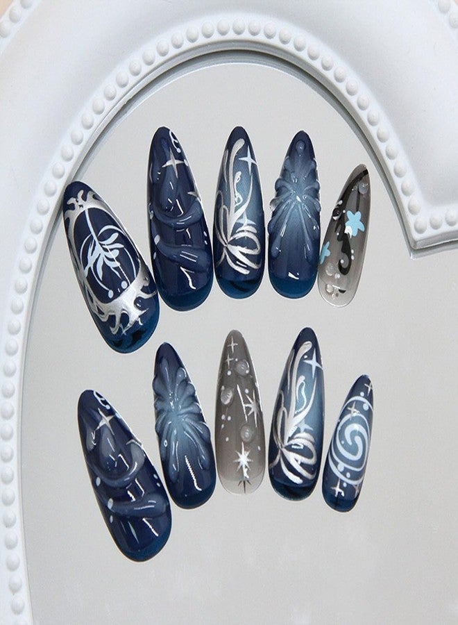 HJKDSFD Dark Blue Press on Nails Medium Almond Fake Nails Cute Glossy False Nails 3D Embossed Acrylic Nails with Starry Sky Flower Designs Full Cover Glue on Nail for Women Girls 24PCS - Image 4
