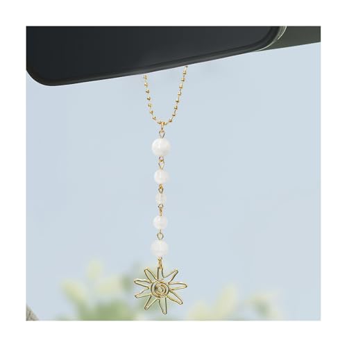 SHMZK Sun Hanging Car Charm Rear View Mirror Cute Boho Dangling Sun Car Decor Hanging Ornament Handmade Healing Natural Crystals Stones Sun Catcher Mirror Pendant for Women Men White - Image 1